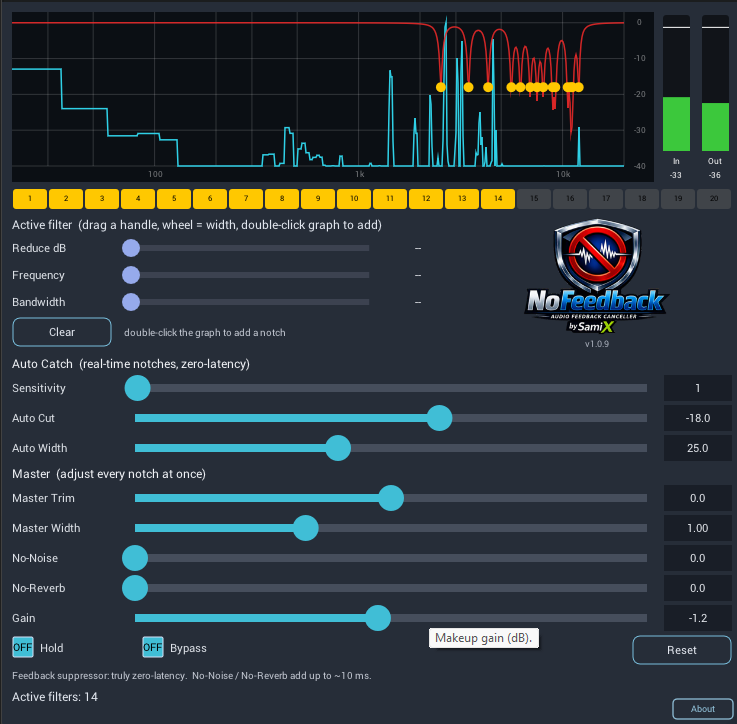 The NoFeedback plugin window: live spectrum with notch
      filter handles, filter bank, and controls for Auto Catch, Master, No-Noise and No-Reverb